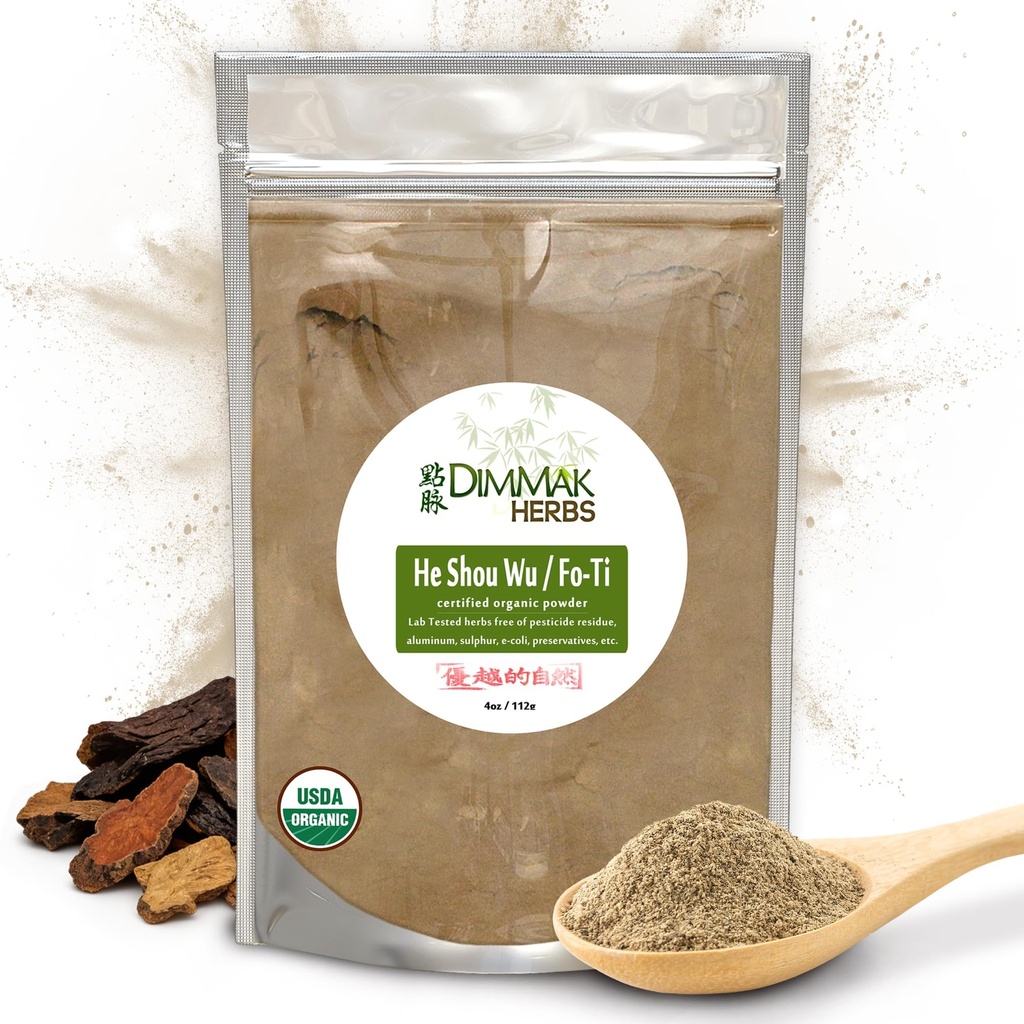 Dimmak Kräuter Bio Fo Ti Root Raw Chinese Herb Powder - Cure/Prepared USDA Organic He Shou Wu (Polygonum Multiflorum Preperata) Hinzufügen zum Wasser oder Smoothie 1 4oz/112g Tasche
