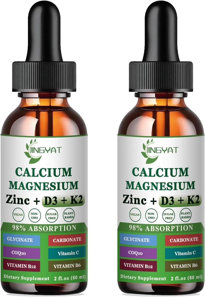 Calcium Magnesium Zink Flüssigkeitstropfen, flüssiges Magnesium Glycinat 500mg Calcium 1000mg mit Vitamin D3,K2,B6,B12,Coq10,6X Stärker als Gummikapseln (2 Pack)