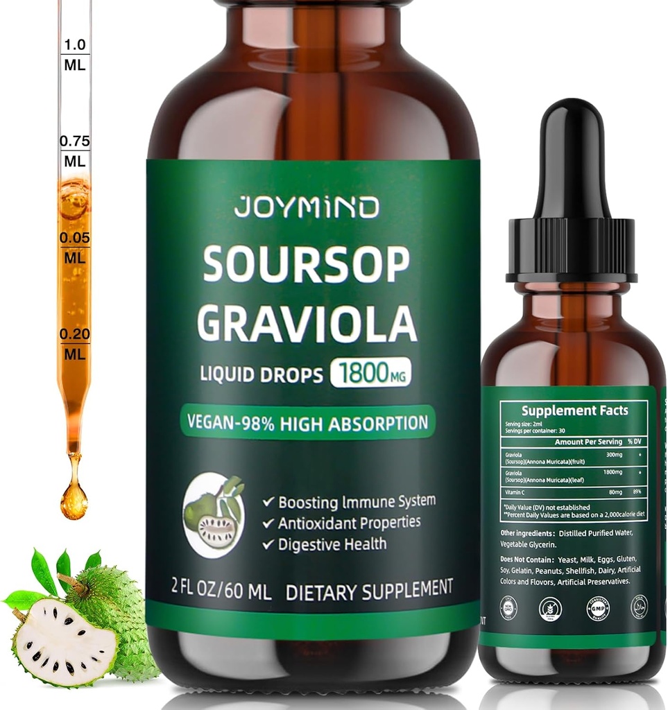 Graviola Soursop Blatt Extrakt Flüssigkeit - Soursop Bitters Flüssigkeit, Immun Boost, Relax, Leber und Schlaf, Vegan, Zucker & Gluten frei, 98% Absorption Rate, Natürliche Geschmack, 2 Monat Versorgung 60ML