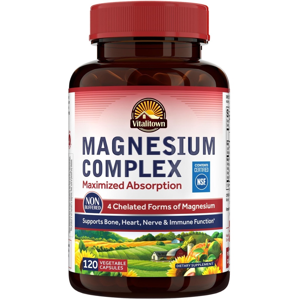 Vitalitown Magnesium Complex Supplement 500mg - NSF Certified Magnesium Glycinate, Malate, Taurate & Citrate - Chelat High Absorption & Gentle on Stomach - Vegan Non-GMO 120 Kapseln