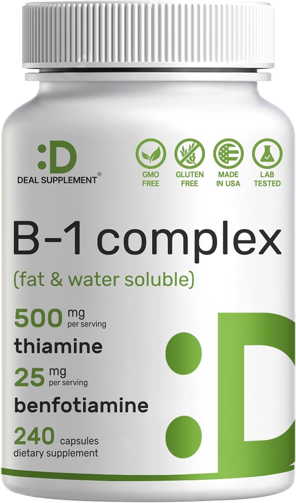 ENTWICKLUNG Vitamin B1 500mg mit Benfotiamin, 240 Kapseln – 2 in 1 Enhanced Formula – Fat & Water Soluble Thiamine B1 Supplement – Third Party Tested, Non-GMO, No Gluten
