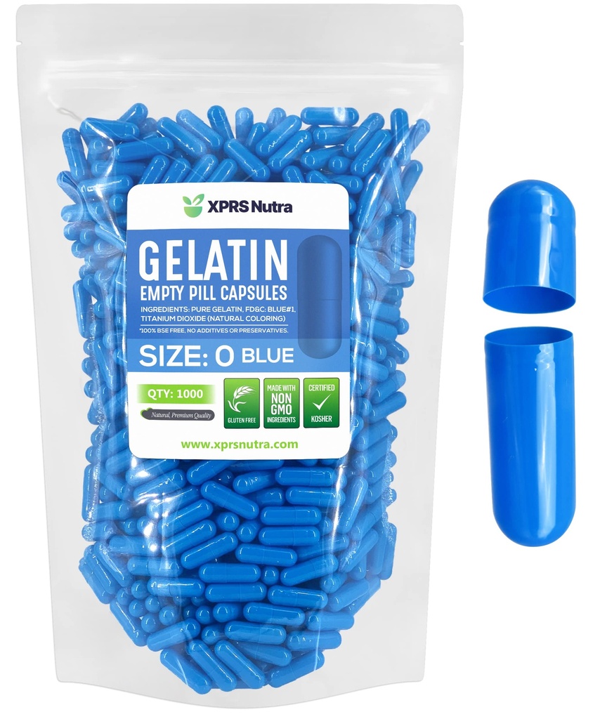 XPRS Nutra Taille 0 Capsules vides - Capsules de gélatine vides - Remplissage de 1000 comprimés de bricolage - Capsules de gel de pilule de viande bovine pure pour les suppléments Do-It-Youlf (Blue)