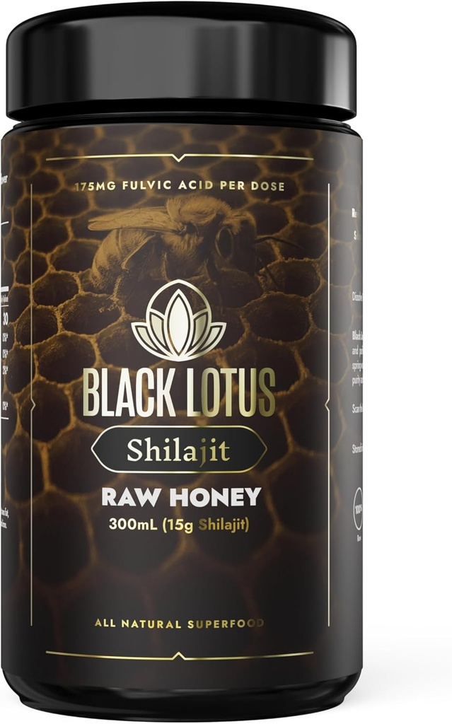 Schwarz Lotus Pure Shilajit Resin Raw Honey Liquid Tincture, 300ml, 100% reine natürliche Shilajit für Männer & Frauen, Aminosäuren, 175mg Fulvic Acid, 85 Ionic Trace Minerals, Für Immununterstützung, Fokus, Energie