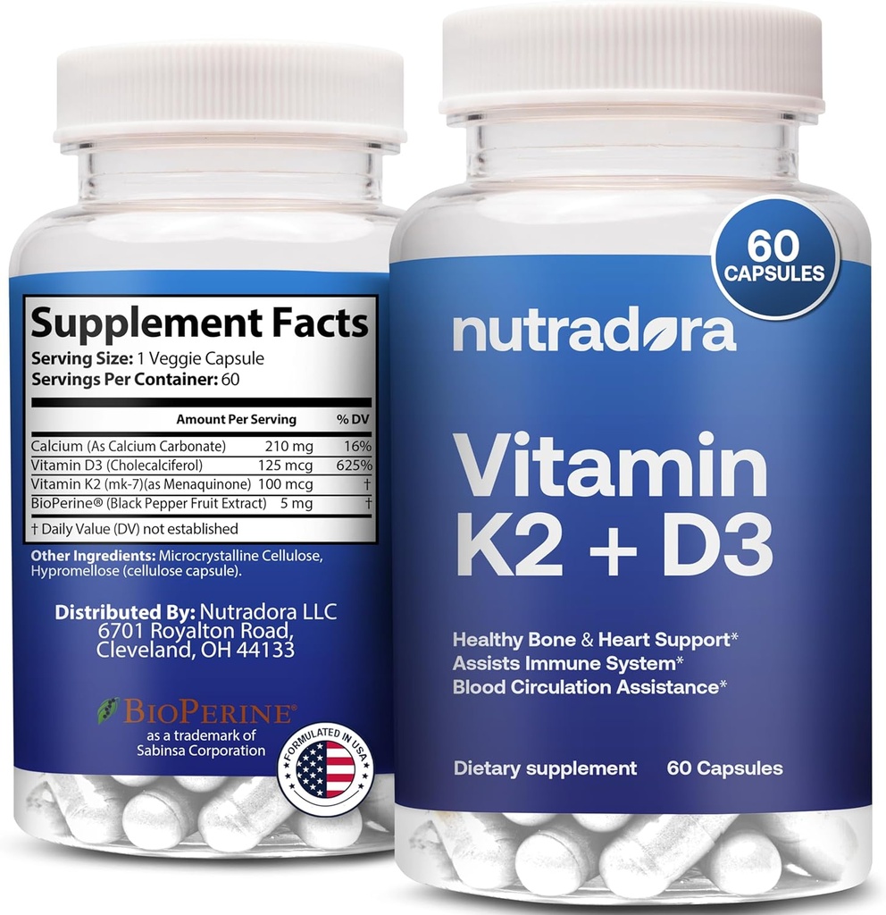 Vitamine D3 K2 Capsules pour hommes et femmes - K2 D3 Supplément de vitamine pour le soutien du coeur et des os sain, système immunitaire et assistance à la circulation sanguine, formulé aux États-Unis, 60 Capsules de Véggie