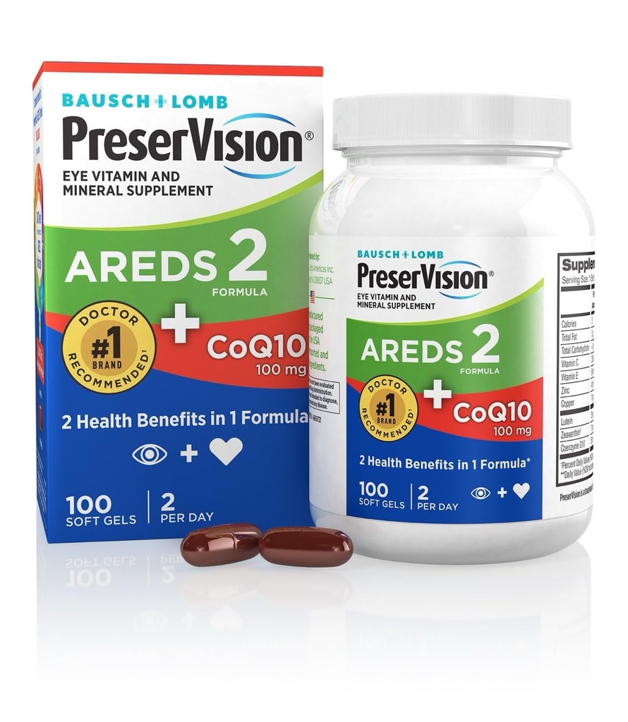 PreserVision AREDS 2 Augenvitamine mit CoQ10 für Herzgesundheit, # 1 Eye Doctor Empfohlene Marke, Lutein und Zeaxanthin Supplement mit Vitamin C & E, Zink und Kupfer, 100 Softgels