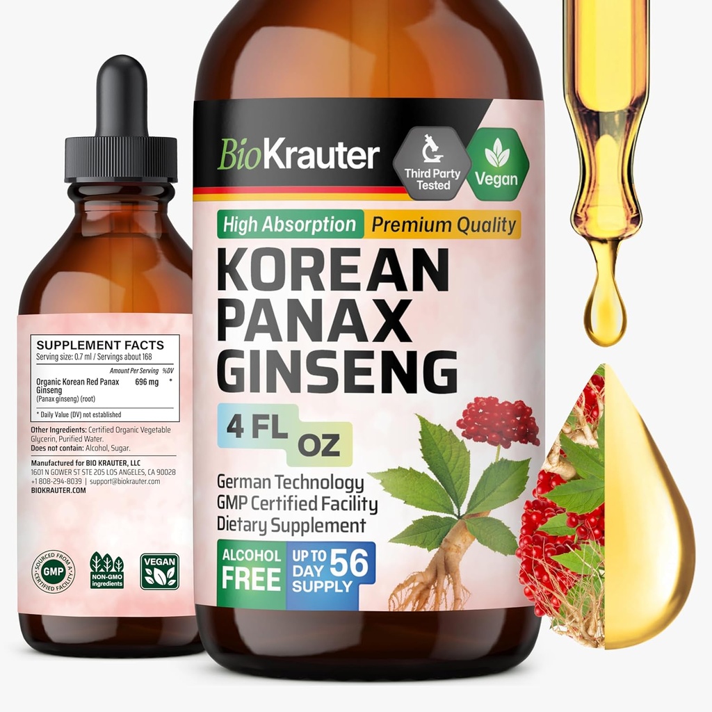 BIO KRAUTER Korean Red Ginseng Extract Liquid - Alkohol & Zucker Kostenlose Panax Ginseng Supplement - Vegan Immun Support Supplement - 4 Fl. Oz.