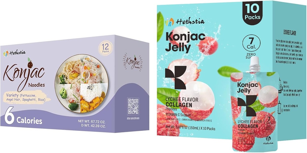 Hethstia Konjac Jelly Lychee Flavor mit Collagen Peptides 10 Packs und Konjac Noodles Variety Gluten Free 12 Packs Low Calorie, Keto, Sugar Free, Healthy Food