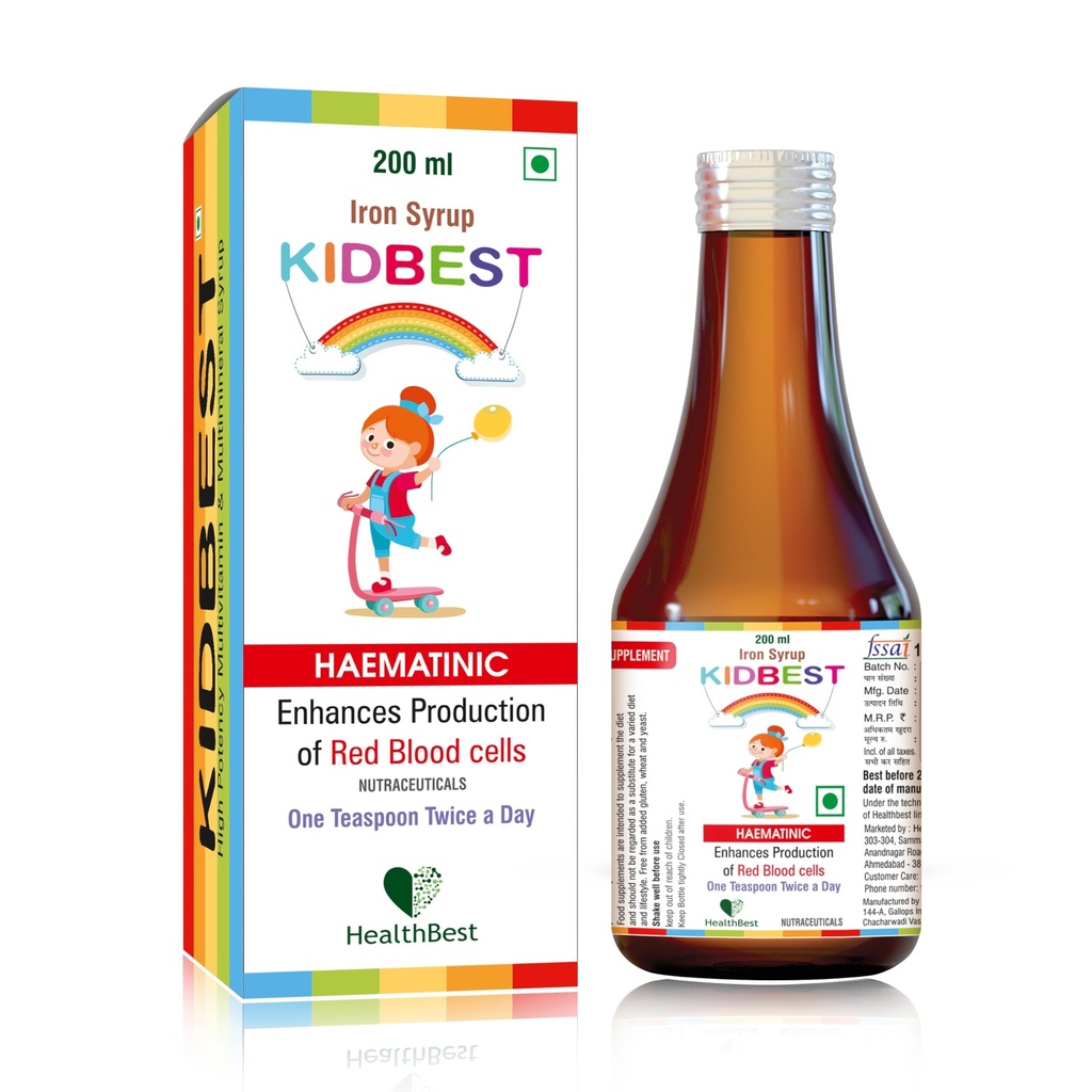 HealthBest Liquid Iron Syrup für Kinder – Triple Action mit Folsäure und Zink – Boosts Hemoglobin, Appetit und Immunität – Kein metallischer Geschmack – 200ml Flüssiger Zusatz, Safe &amp; Effective