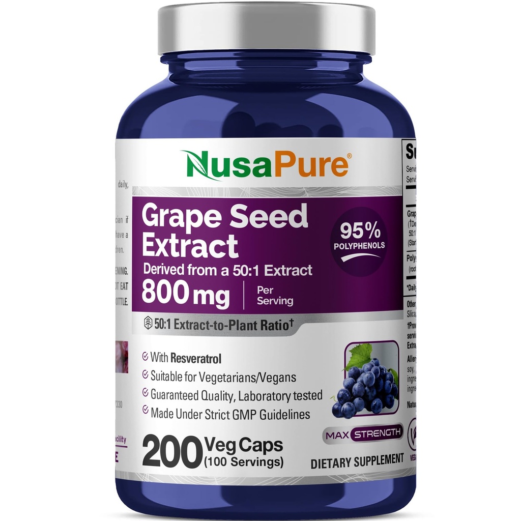 NusaPure Grape Seed Extract 40.000mg pro Caps, 200 Vegan Kapseln, Standardisiert, Non-GMO, Glutenfrei, Resveratrol