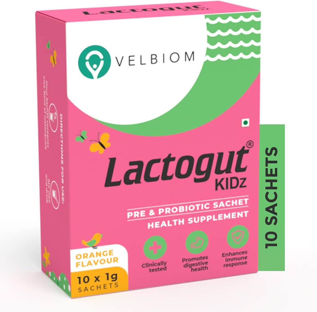 Lactogut Kidz Probiotika Pulver für Kinder leicht zu beschaffen Probiotika für Kinder Gut Gesundheit, Gesamt Wellness und Immunität Vegan Klinisch bewährt - 1Gx10 Beutel (Orange Flavour)