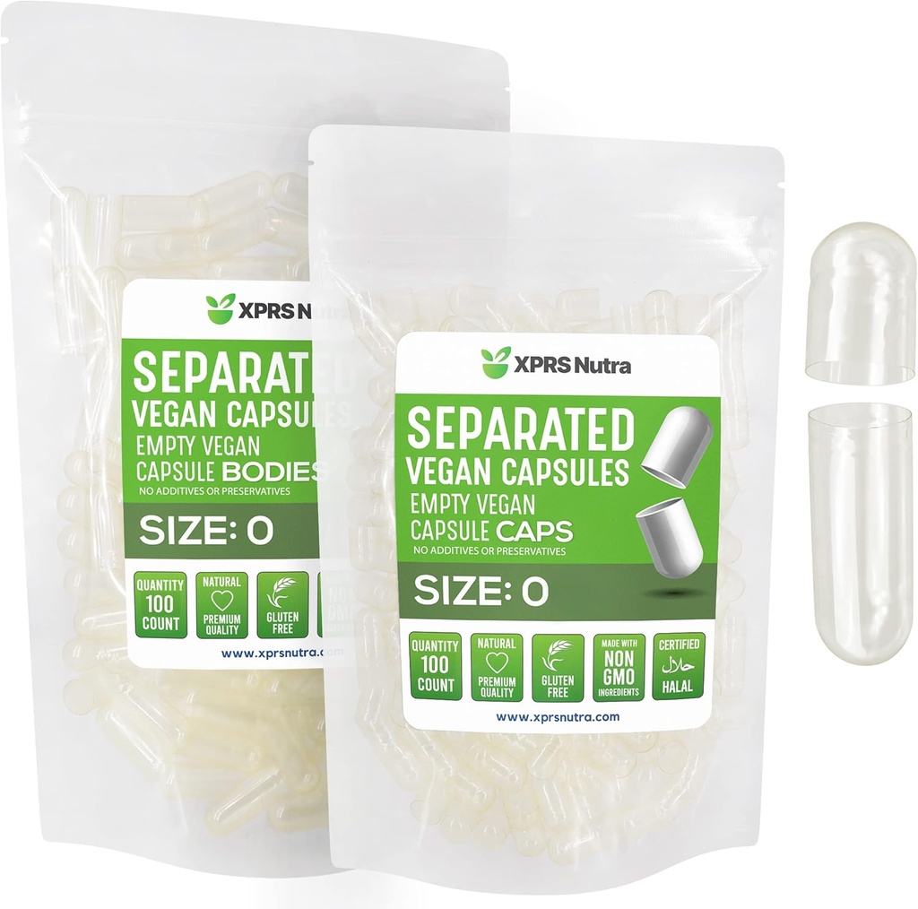 XPRS Nutra Vegan Size 0 Separated Capsules - 100 Count Clear Premium Empty Capsules Separated in Bags - Pills for DIY Supplement Filling