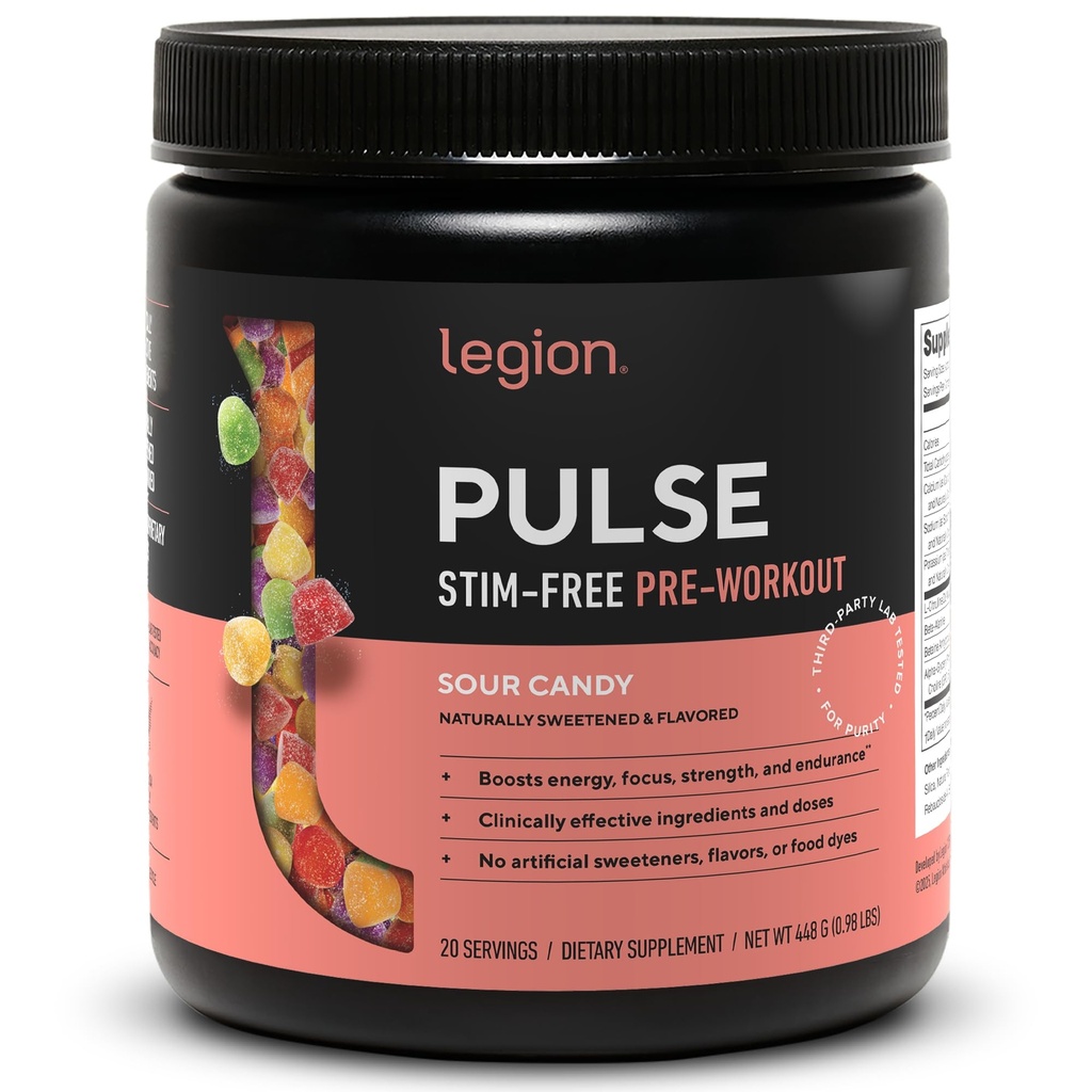 LÉGION Pulse Pre Workout Supplément - Toutes les boissons naturelles de pré-entraînement à l'oxyde nitrique pour booster l'énergie, sans créatine, naturellement sucré, Beta Alanine, Citrulline, Alpha GPC (Caffeine Free Sour Candy)