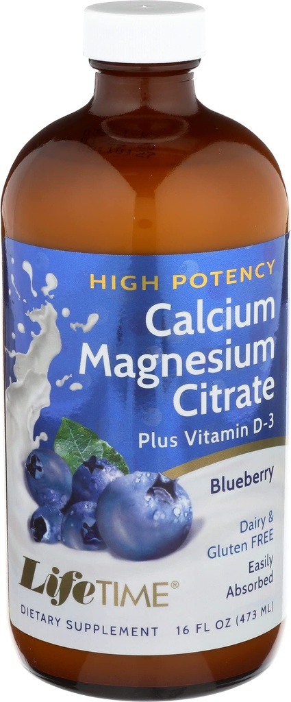 LIFETIME Knochenunterstützung, Calcium-Zitrat, Magnesium-Zitrat und Vitamin D-3, Entspannung, Knochen und Muskelunterstützung Formel, einfache Absorption, Blaubeeren-Flaschen, ca. 32 Servietten, 16 FL OZ