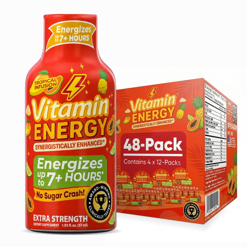 Vitamin Energy Focus+ Extra Strength Energy Shot Tropical Infusion 48 Pack, 260mg Natural Caffeine, B-Vitamine, CoQ10, Aminosäuren, Fokus, Produktivität & Clarity, Zero Sugar, Glutenfrei, 1,93 fl oz