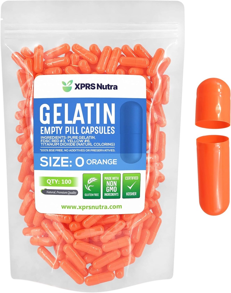 XPRS Nutra Size 0 Empty Capsules - 100 Count Empty Gelatin Capsules - Pills for DIY Capsule Filling - Pure Bovine Pill Gel Caps for Do-It-Yourself Supplements (Orange)