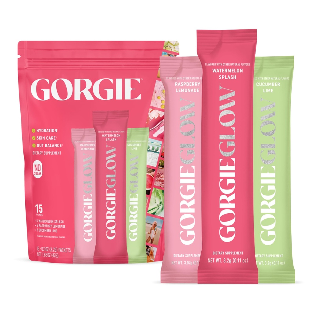 GORGIE Glow Variety Pack 15 Sticks, Elektrolytpulver Gesunde Getränkemischung, w/Hyaluronsäure, Aquamin, Vitamin C & D, Probiotika, kein Zucker, Antioxidantien für Hydration, Hautpflege und Gut Balance