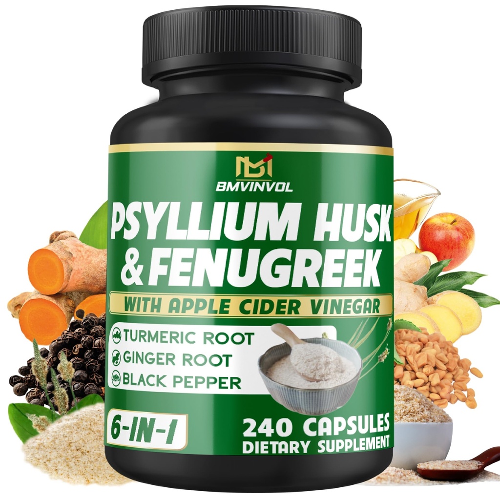 BMVINVOL Psyllium Husk Fiber Supplement mit Fenugreek, Apfelessig, Kurkuma, Ingwer, Schwarze Pfeffer- Verdauungsunterstützung - 240 Kapseln