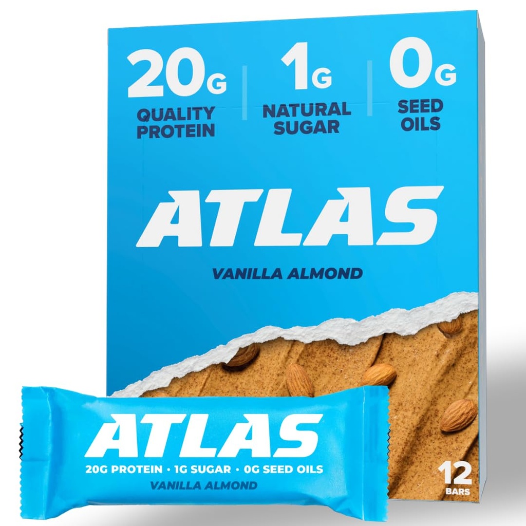 Atlas Protein Bar, 20g Protein, 1g Zucker, Saubere Zutaten, Glutenfrei, Vanille Mandel (12 Zähler, Packung 1)