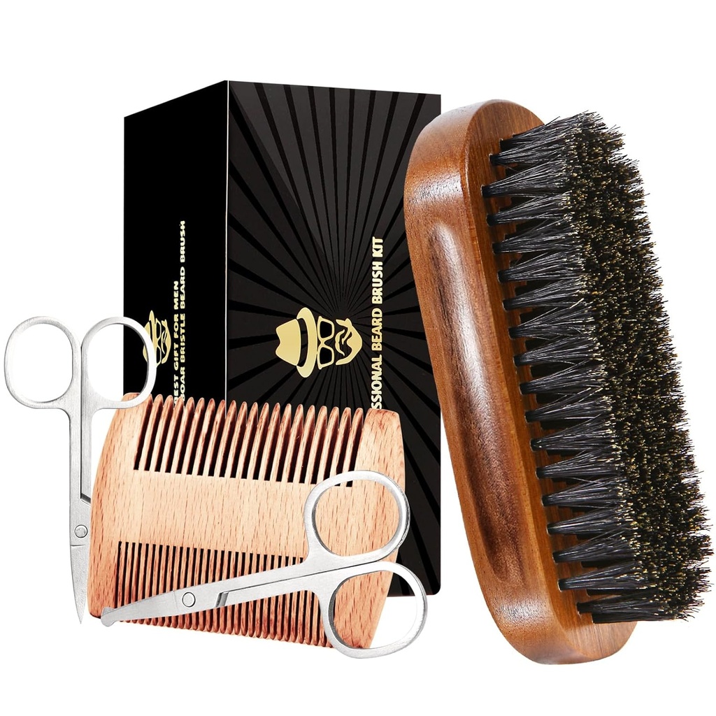 Bart Brush für Herren, Boar Bristle Black Walnut Wood Beards and Mustaches Grooming Set mit Pure Boar Bristle Beard Brush, Bart Comb, Mustache Scissors und Reisetasche