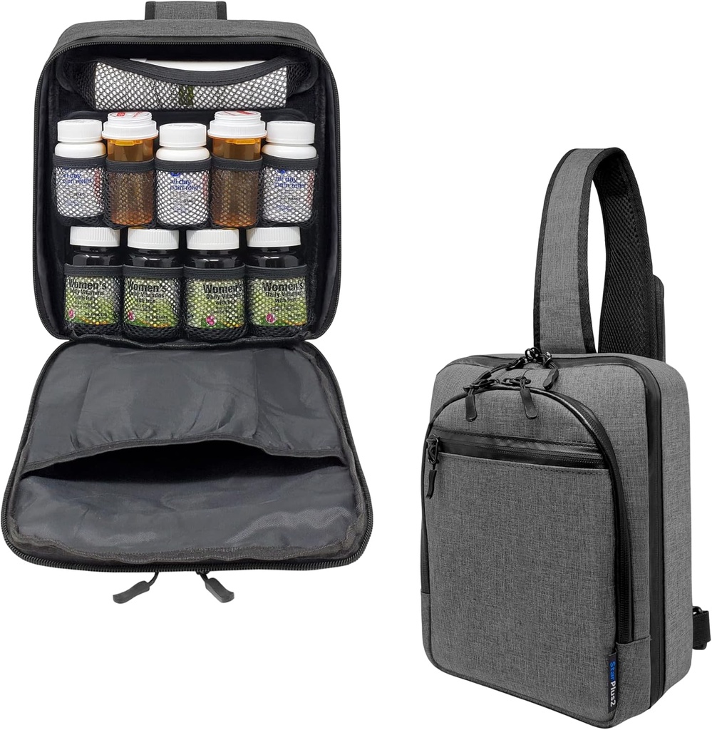 Cross-Body Hands-Free Modular Pill Bottle Organizer, Medizintasche, Case, Träger für Medikamente, Vitamine und medizinische Versorgung - Heather Gray (Without Lock)