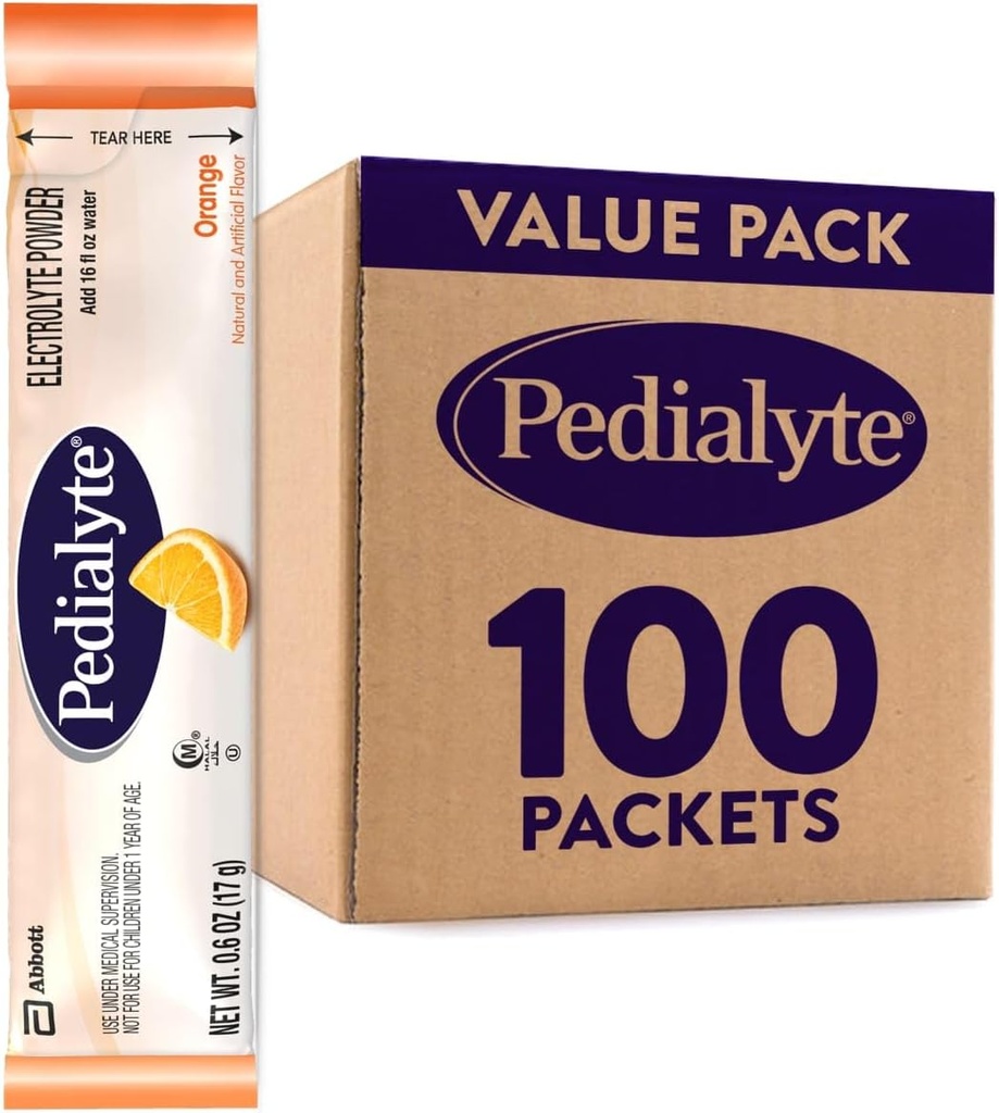 Paquets en poudre d'électrolyte de pédialyte, orange, boisson d'hydratation, 100 emballages en poudre à usage unique