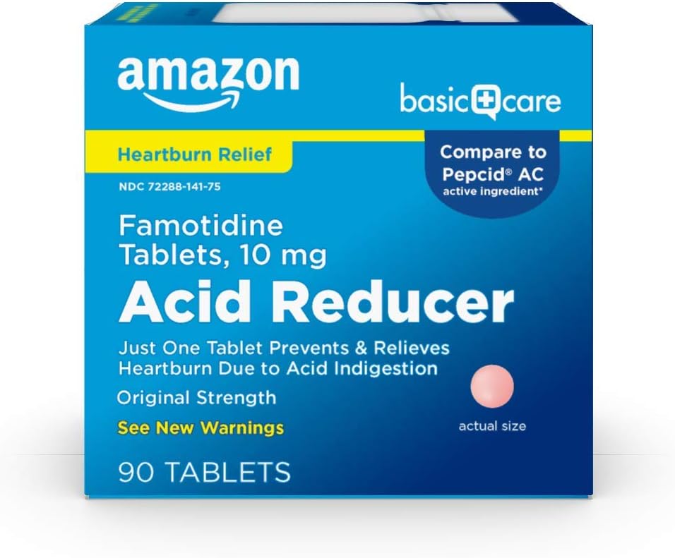Soin de base Initial Strength Famotidine Comprimés, 10 mg, Acid Reducer, Heartburn Medicine, Acid Indigestion Relief, 90 Compte