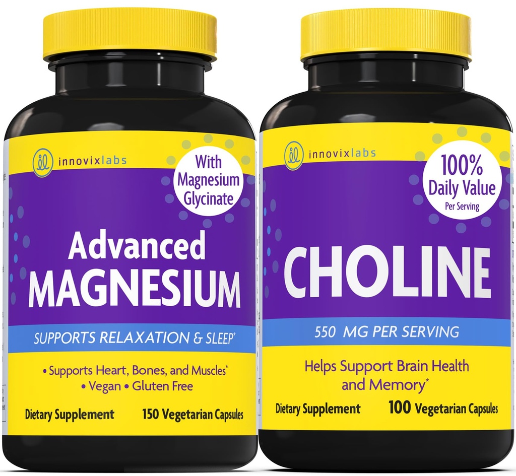 InnovixLabs Choline & Magnésium Bundle Choline Bitartrate 550mg (100 Capsules) Magnésium avancé (150 Capsules). Soutient la mémoire, l'humeur, la santé cérébrale et le renforcement cognitif.*