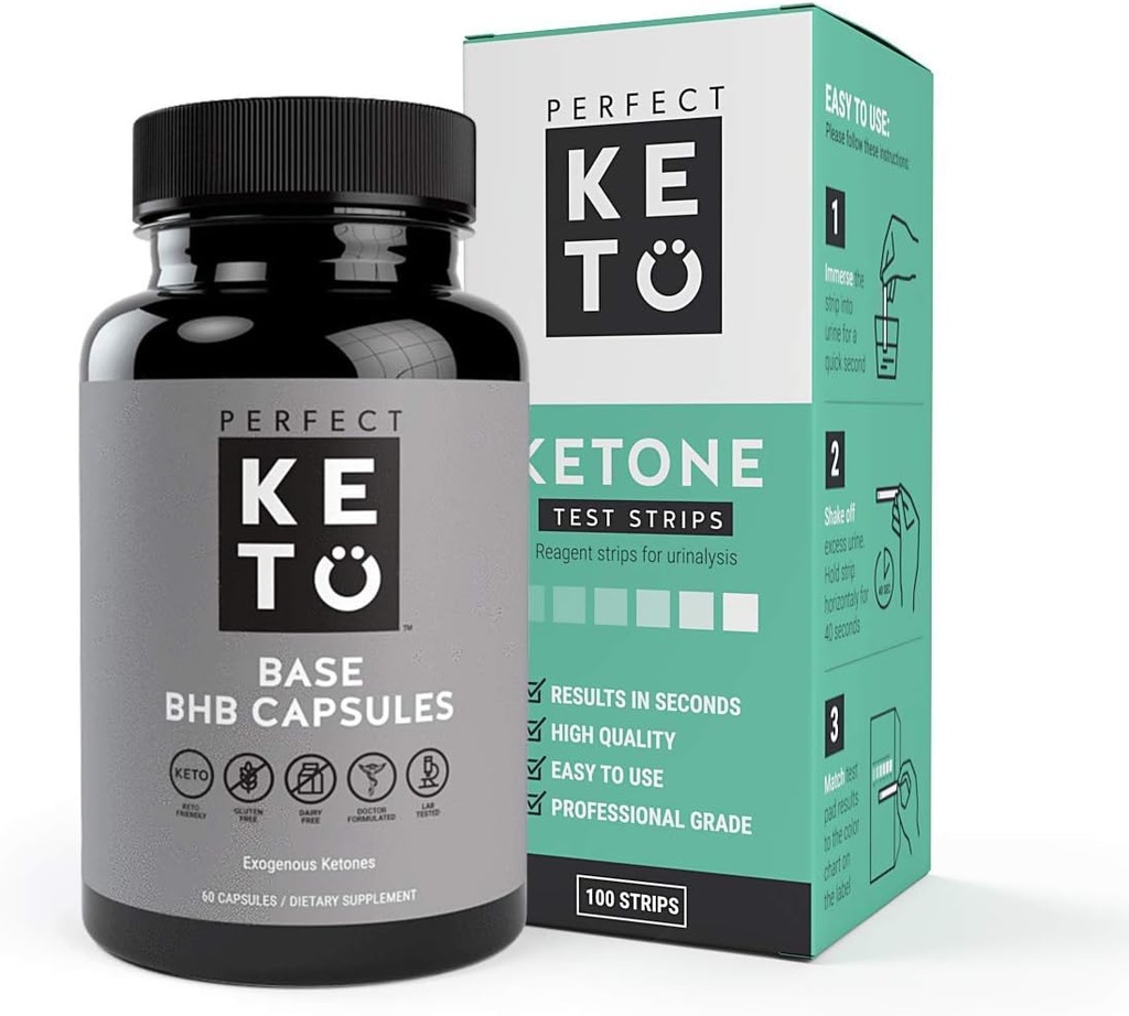 Perfect Keto Exogenous Ketone Base BHB Supplement (60 Kapseln) - Ketogenic Ernährung Unterstützung Gewichtsmanagement, Energie & Fokus - Ketosis Beta-Hydroxybutyrat mit (100 Stk) Keto Strips Bundle