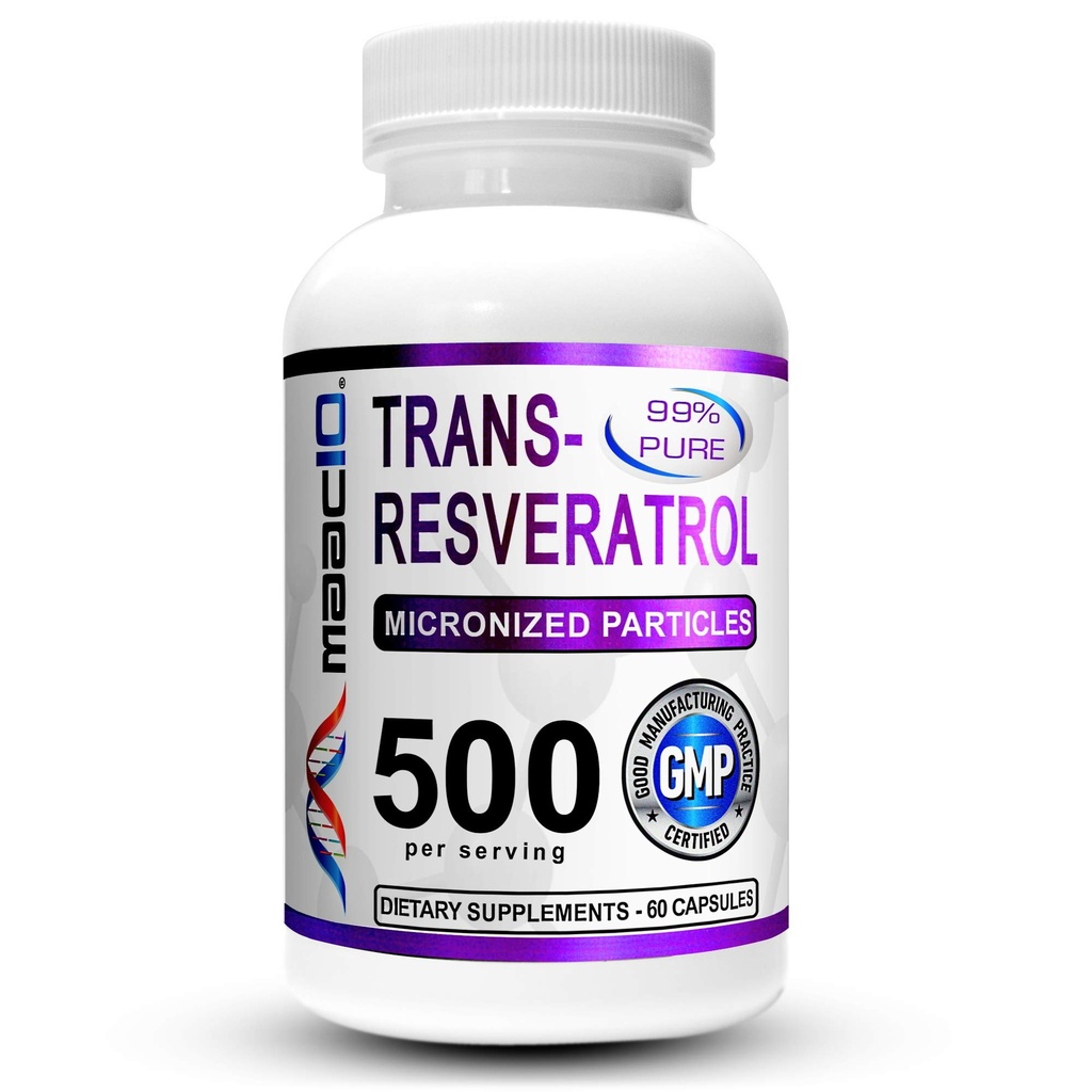 MAAC10 Trans Resveratrol Supplément 500mg (Micronized Pharmaceutical Grade 99 % Extrait de Trans-Resveratrol pur + BioPerine pour Absorption Supérieure) (2X 250mg Capsules 60ct)