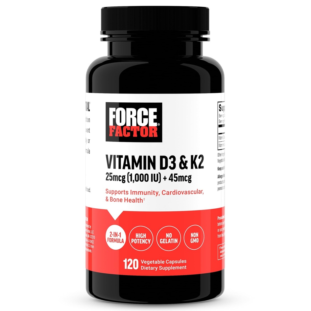 FORCE FACTOR Vitamin D3 K2 zur Unterstützung von Immunität, Herzgesundheit, Knochenunterstützung und mehr, High-Potency 2-in-1 Formel, Vegan, kein Gelatin, Non-GMO, 120 Kapseln