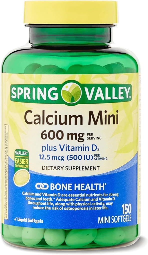 Spring Valley Calcium Plus Vitamin D3 150 Mini Softgels | Kalziumergänzung | Kalzium Mini Softgels | Kalzium 600 mg mit Vitamin d3 | Kalziumcarbonat 600 mg, 150 Mini Softgels +