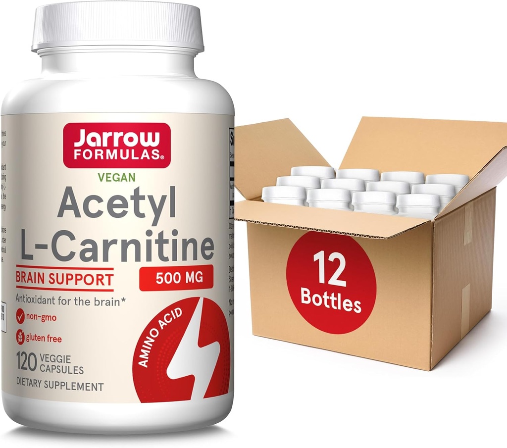 Jarrow Formeln Acetyl L-Carnitin 500 mg, Nahrungsergänzungsmittel, Aminosäureunterstützung für Gehirngesundheit und Antioxidantien, 120 Veggie Kapseln, 120 Tage Versorgung (Pack mit 12)