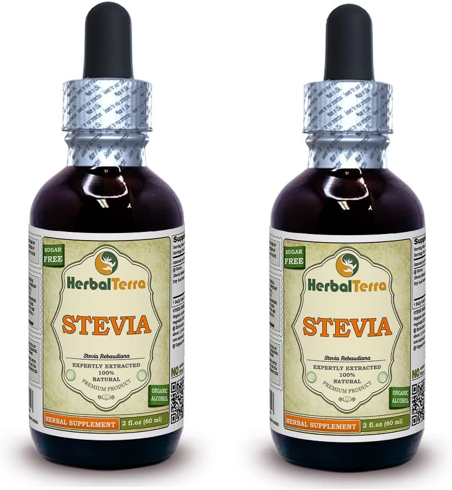 Stevia (Stevia Rebaudiana) Teinture, feuilles séchées organiques Extrait liquide (marque: HerbalTerra, fièrement fabriqué aux États-Unis) 2x2 fl.oz (2x60 ml)