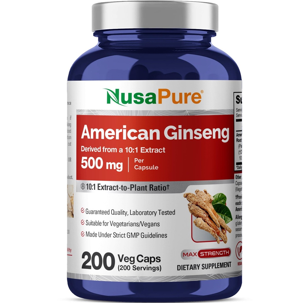 NusaPure American Ginseng 10:1 Extrait, 500 mg équivalent à 5000mg - 200 Capsules de Véggie (Végétarien, Non-OGM, Vegan)