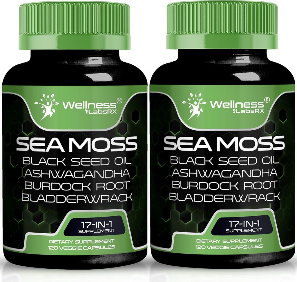Irish Sea Moss Capsules, 17-in-1, Seamoss Black Seed Oil, 240 Count, Ashwagandha Burdock Root Organic Bladderwrack Capsules | Organic Sea Moss Advanced, Immune and Blood Pressure Support - 2 Pack