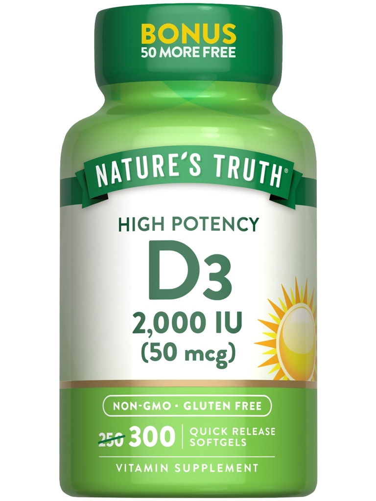 La vérité de la nature Vitamine D3 2000 UI , 300 Softgels , Formule de puissance élevée , Supplément sans OGM et sans gluten
