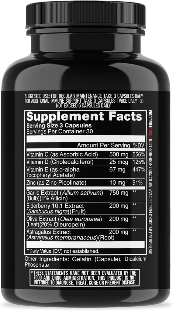 Supplément de soutien pour les Immunes de carburant Jocko - Elderberry avec du zinc et de la vitamine C pour les adultes - Immune Defense with Vitamine C, D3, Superfoods, Herbes et Minéraux (90 capsules)