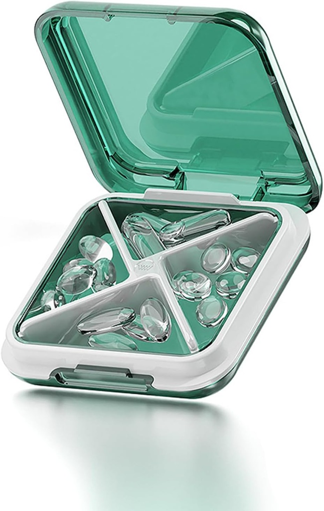 Kleine Pille Box wasserdichte Reise Pille Case Tragbare tägliche Pille Behälter Pillenhalter für Geldbeutel 4 Komponenten Tasche Kompakte Medizin Organizer für Fischöle, Ergänzungen,Medikation (Green)