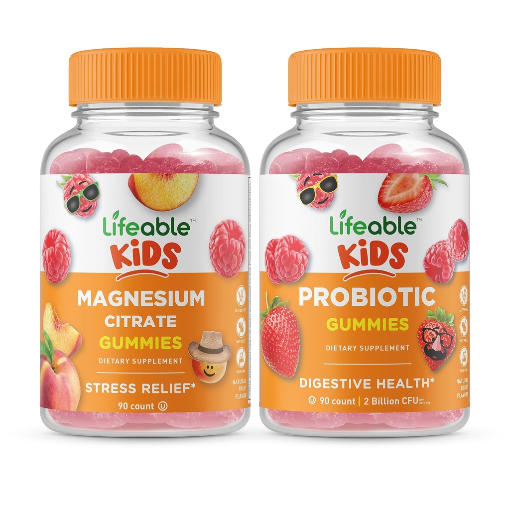 Citrate de magnésium vivace Enfants + Probiotique 2 milliards d'UFC Enfants, Gummies Bundle - Grande dégustation, supplément de vitamine, sans gluten, sans OGM, gummy à croquer
