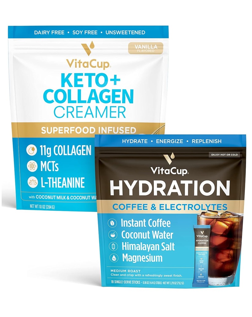 VitaCup Hydration Instant Coffee Sticks w/Electrolytes, Coconut Water, Medium Roast 18ct & Keto + Collagen Vanilla Coffee Creamer w/Superfoods & MCT, 10 Unze