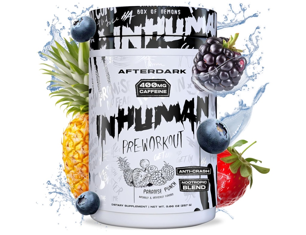 AFTERDARK INHUMAN Pre-Workout-Pulver, Enhanced Mind-Muscle Connection, Sustained Energy, Potent Nootropic Blend, Vegan, Glutenfrei, Soy-Free, 400mg Koffein, kein Crash, Paradise Punch