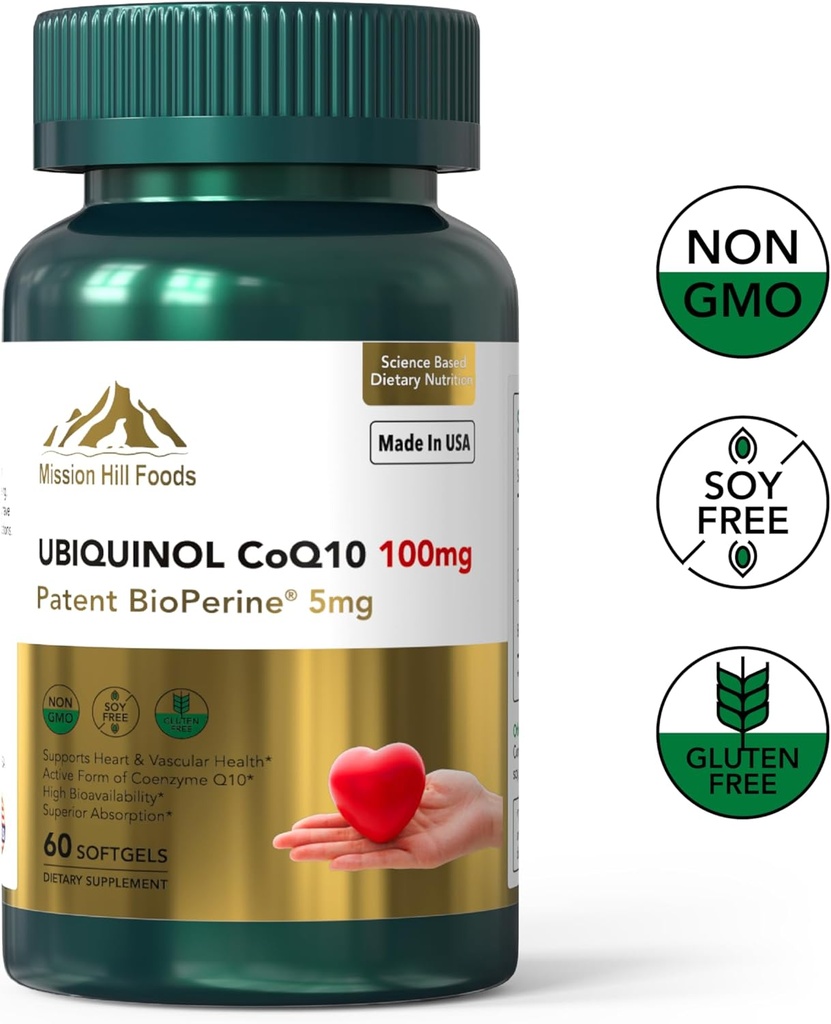 Premium Ubiquinol CoQ10 + BioPerine (100mg) | Antioxidans für Herzgesundheit (1 Flasche-60 Softgels-2mo Versorgung) | Hohe Absorption Herz & Gefäß Vitamine | Nicht-GMO & Glutenfrei