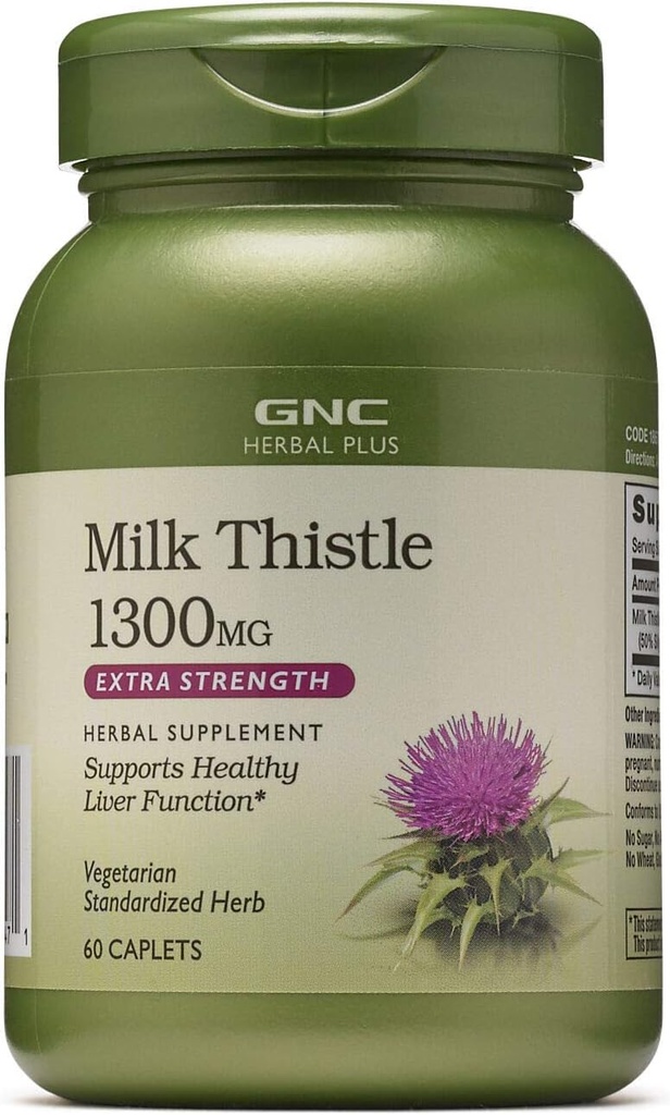 GNC Kräuter Plus Milchdistel 1300mg Ergänzung, Extrastärke, Vegetarisch, Unterstützt gesunde Leberfunktion, 60 Servierungen