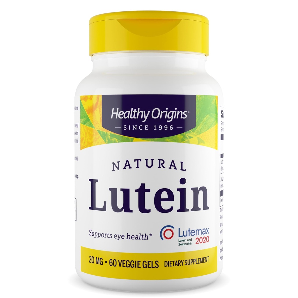 Origines saines Lutéine 20 mg (Lutemax 2020 avec Zeaxanthin, non-OGM, végétalien, soutien oculaire), 60 gels de légumes