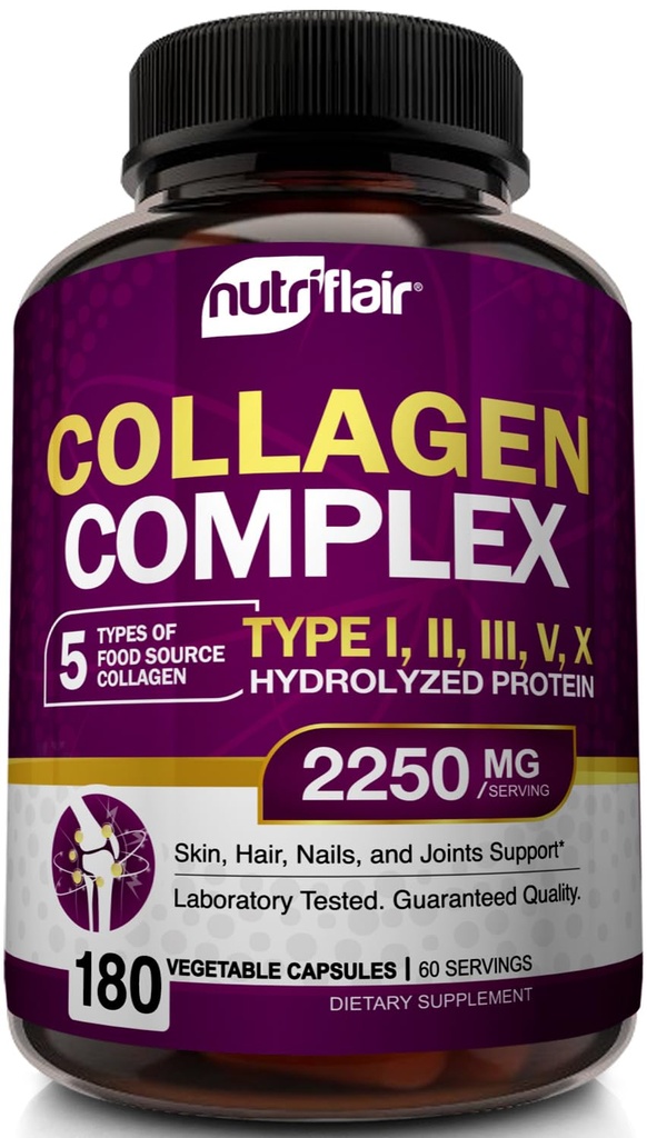 NutriFlair Multi Collagen Peptides 2250mg - Type I, II, III, V, X - Suppléments de collagène pilules en poudre complexes pour les femmes et les hommes - protéines hydrolysées, cheveux sains, peau, ongles - non-OGM (180 capsules)