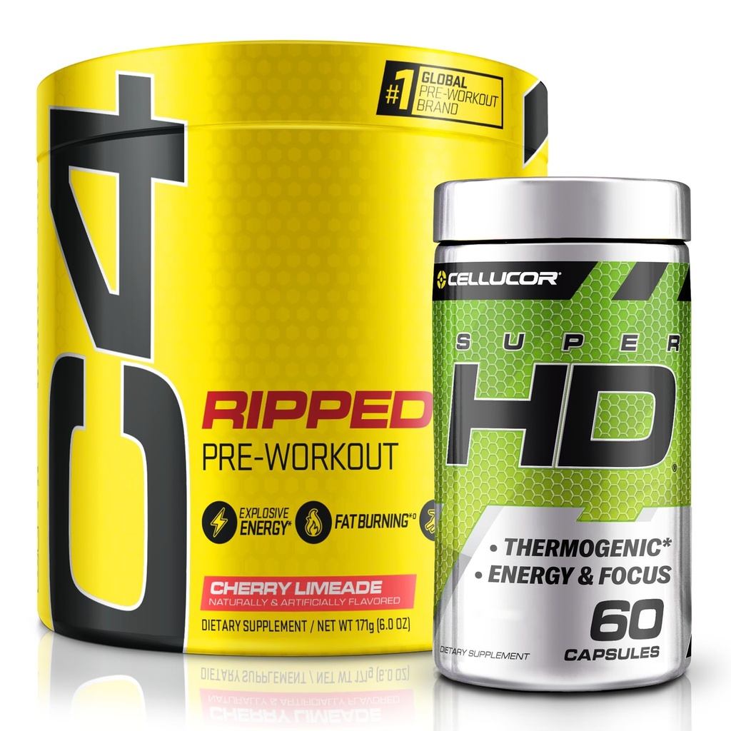 C4 Ripped & SuperHD, The Thermogen Bundle, C4 Ripped Pre Workout Poudre, Cherry Limeade 30 portions + SuperHD avec Capsimax et extrait de thé vert, 60 portions
