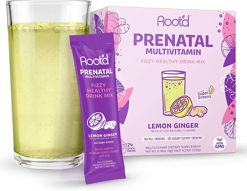 Rootd - Pulver Prenatal Vitamin - Schwangerschaft Multivitamin mit 25 Vitaminen & Minerals A, C, D, E, B12, B6, K, Eisen, Folate, Probiotics, Organic Super Greens | Lemon Ginger | 24 Effervescent Stick Packs