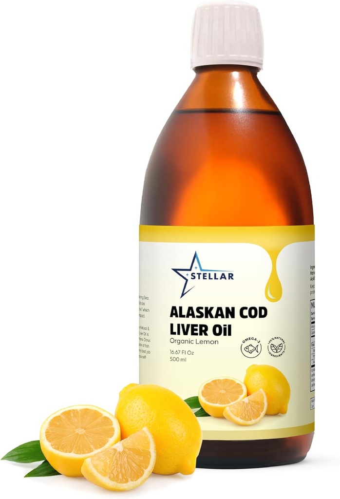 Stellar Alaskan Cod Liver Oil - Organic Lemon, 16.67 oz | Wild-Caught in USA | Reich an Omega-3 DHA/EPA & Vitamin D | Non-GMO Certified | Unterstützt Herz, Gehirn & Immune Gesundheit