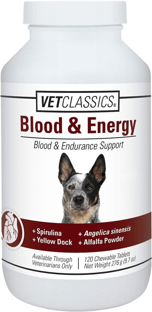 Vet Classics Blood & Energy Support for Dogs, Supports Endurance with Spirulina, Yellow Dock, & Alfalfa Support Formation of Hemoglobin and Myoglobin, 120 Chewable Tablets