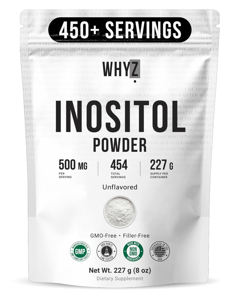 Poudre de Myo-Inositol 8oz, supplément naturel de Myo Inositol pour le soutien ovarien, la fertilité et l'équilibre hormonal, poudre d'inositol pur, supplément de Myo-Inositol pour l'énergie, santé du cerveau, 454 portions
